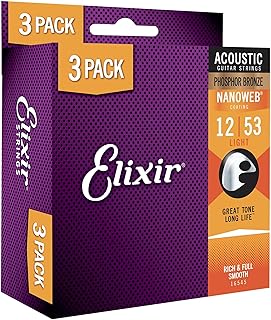 Elixir Strings, Acoustic Guitar Strings, Phosphor Bronze with NANOWEB Coating, Longest-Lasting Rich and Full Tone with Comfortable Feel, 3-pack, Light 12-53