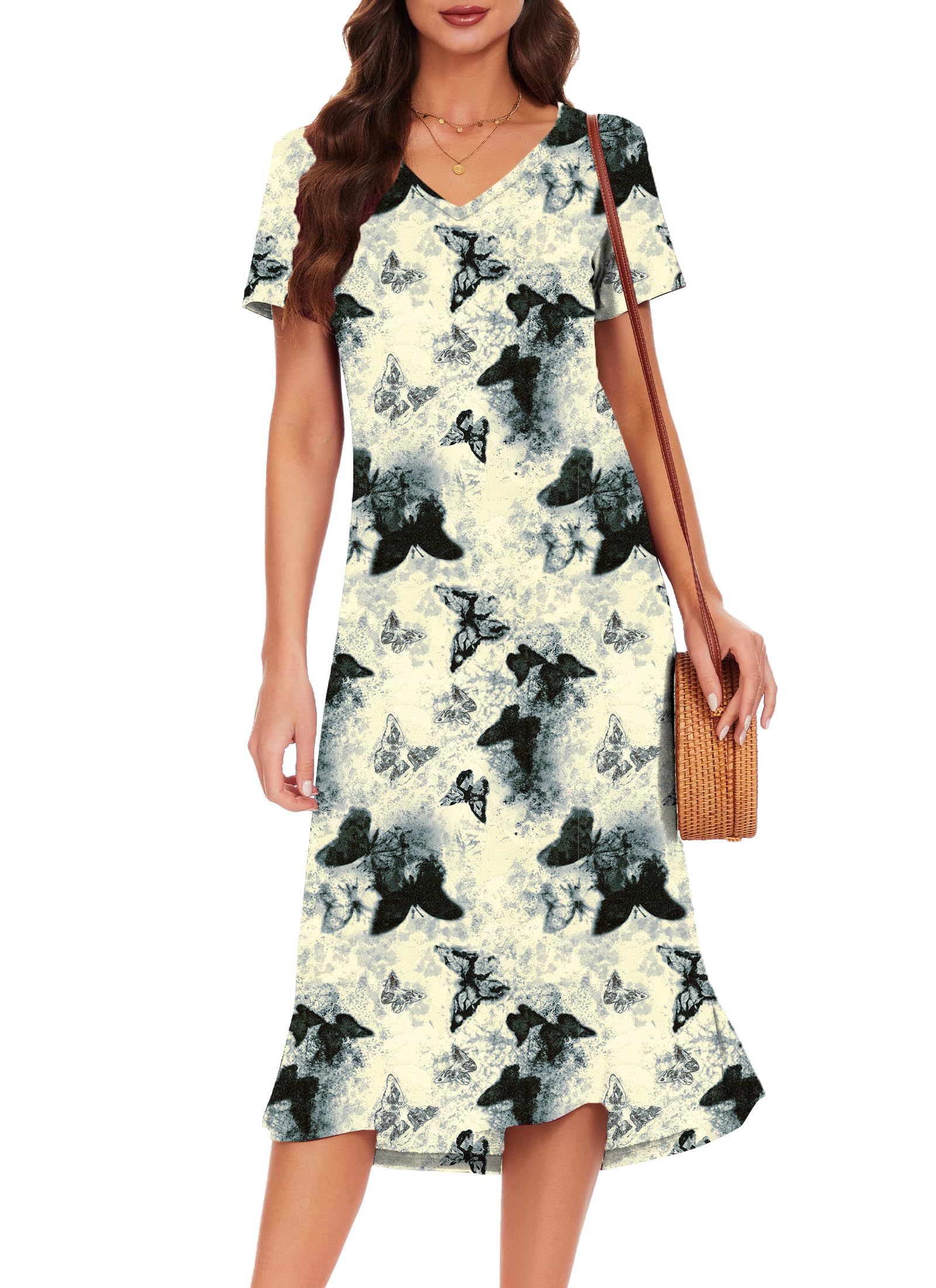 VOBCTY Women's Casual Short Sleeve Summer Dress Side Slit V Neck