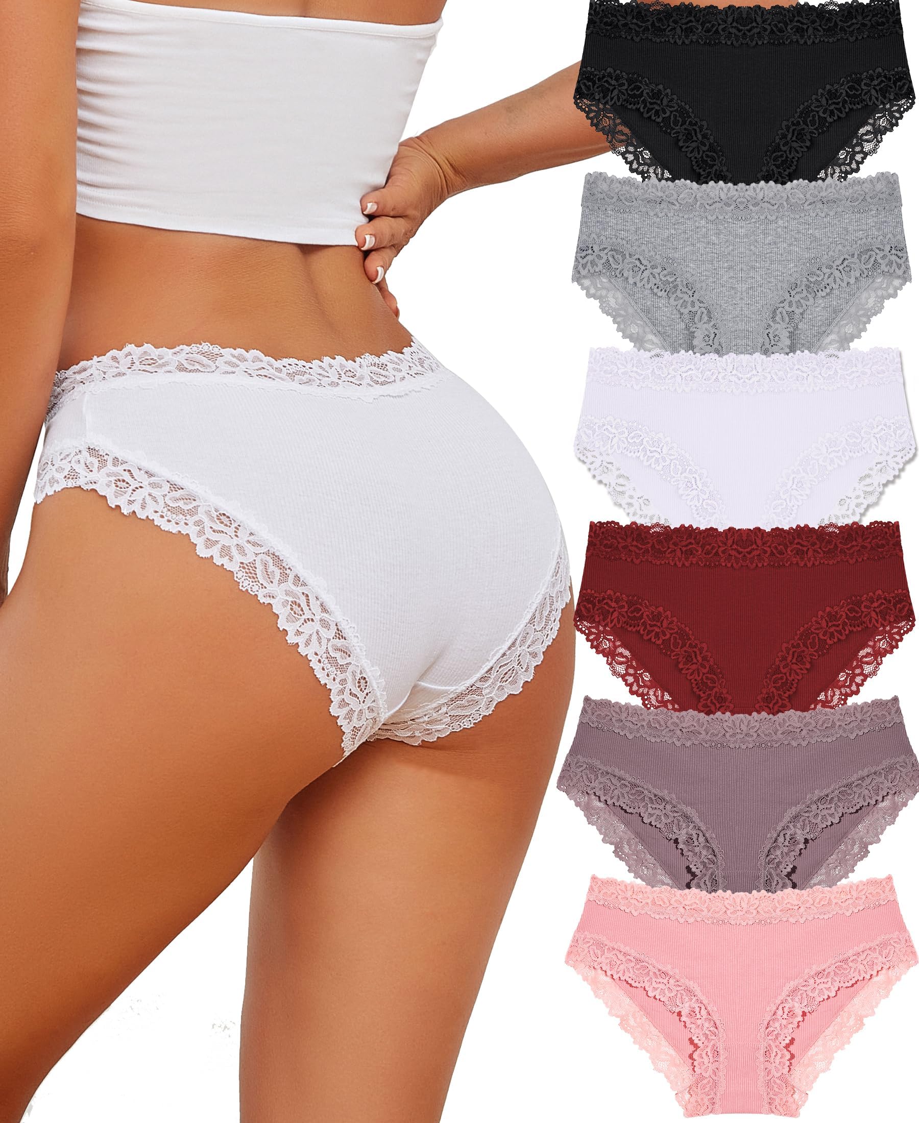ALL OF SHE 6 Pack Cotton Underwear Women Brazilian Slip Lace Underpants Ladies P