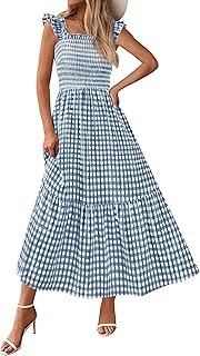 PRETTYGARDEN Abito estivo da donna casual con scollo quadrato con volant e cinturino a quadretti con punto smock Midi Flowy A Line Beach Vacanze Abiti da sole