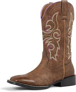 SheSole Women's Western Cowboy Boots Square Toe Wide Calf Cowgirl Boots Rodeo Embroidered Brown