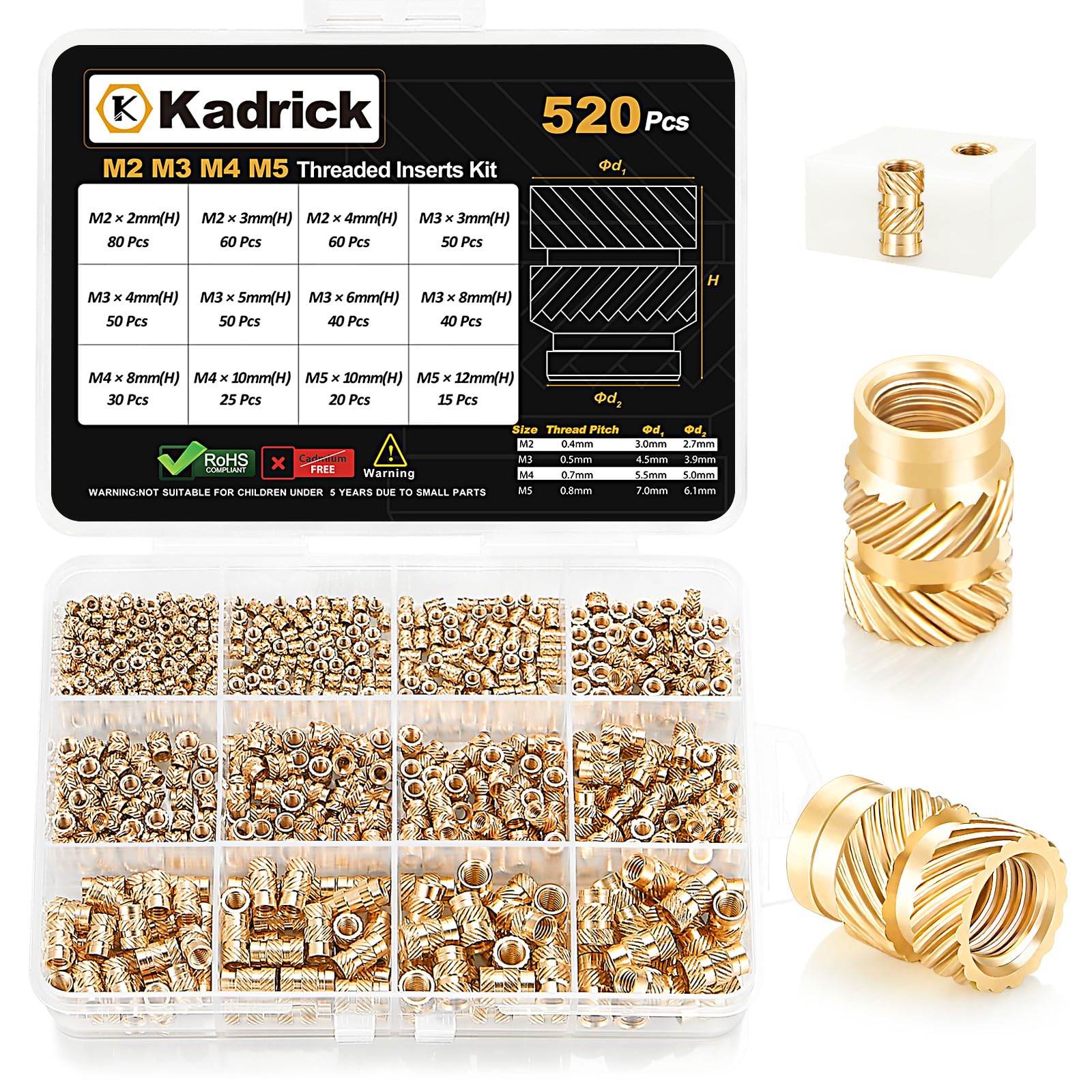 KADRICK M2-M5 Heat Set Insert Kit,520PCS Thread Inserts for 3D Printing | Metric