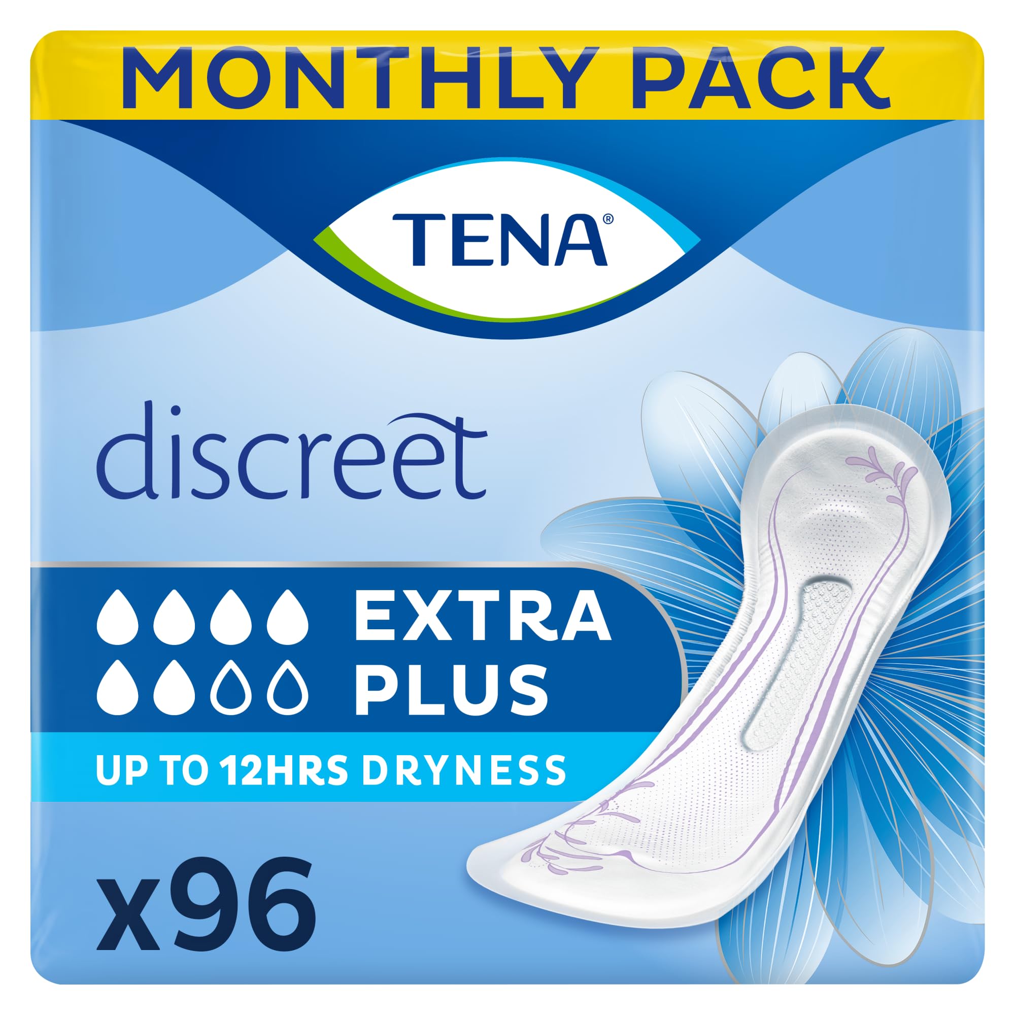 TENA Discreet Extra Plus, Incontinence Pads for Women, 16 Count (Pack of 6)