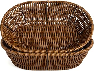 bzmncv Handwoven Bread Baskets for Serving, Set of 2, 11-Inch Poly Wicker Food Baskets for Tabletop, Brown
