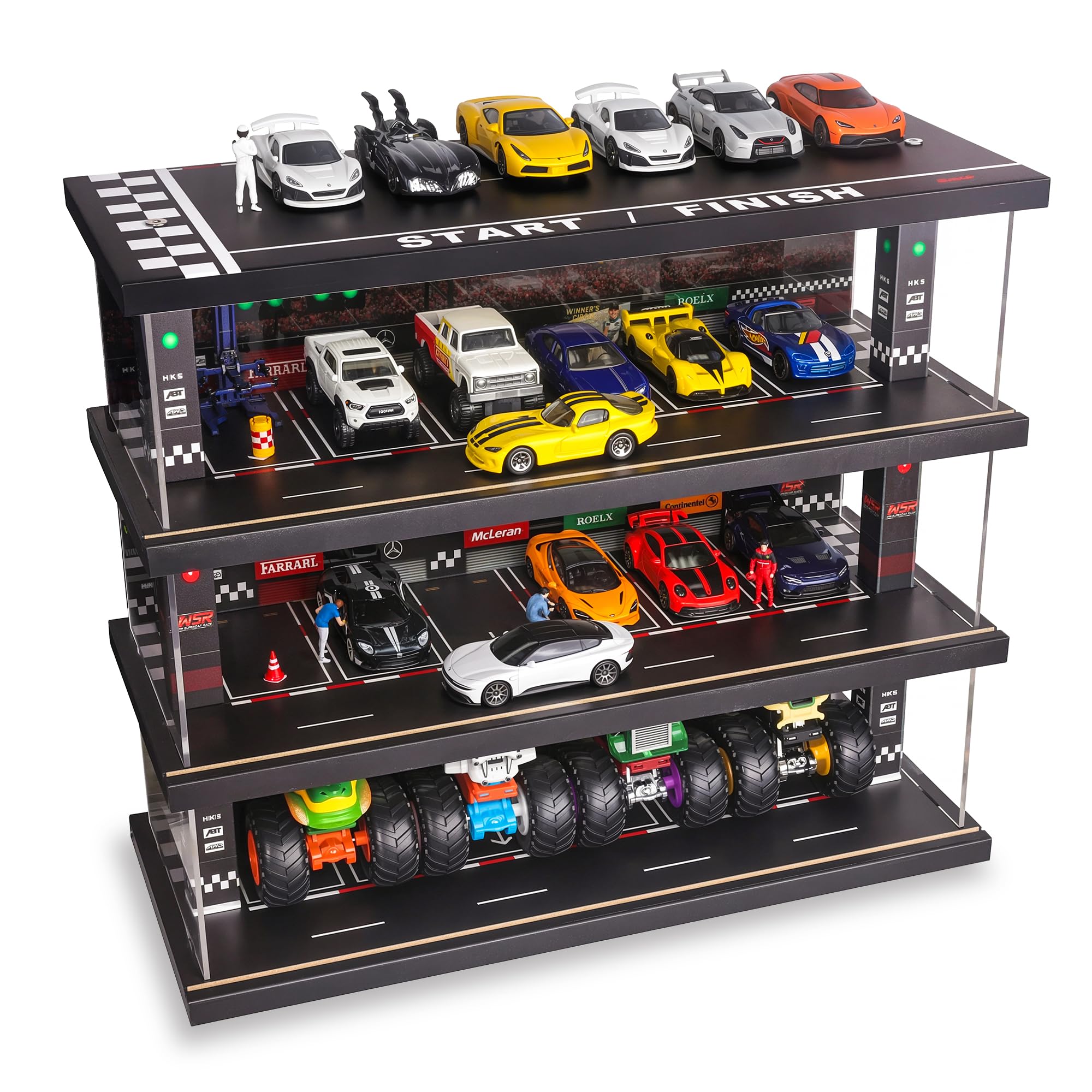 Display Case for Hot Wheels: 4-Level Toy Car Garage with LED Lights | Freestandi