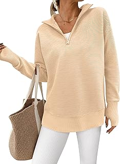 PRETTYGARDEN Women Long Sleeve Quarter Zip Casual V Neck Ribbed Collar Thumbhole Sweater