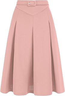 Allegra K Women Office Work Belted Waist Midi A-Line Pleated Skirt