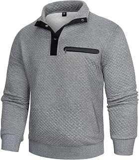 Mens Sweatshirts Solid Color Casual Long Sleeve Pullover Sweatshirt Winter Warm Stand Collar Button Top with Pockets