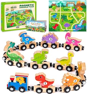 Toddler Dinosaur Toys for 1 2 3 Year Old Boys, Dinosaur Train Toys for Boys | Montessori Toys for 1-3 Year Old, Wooden Magnetic Dinosaur Train Set for Boys age 2 3 4, First Birthday Gifts for Boys Girls