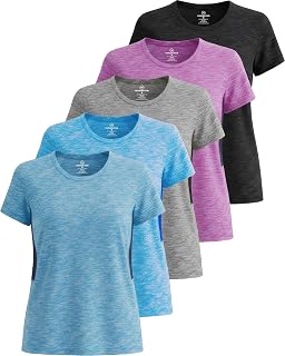 Real Essentials Pack of 5 - Women's Short Sleeve Workout Fitness Pilates Gym Activewear Shirts (Plus Available)