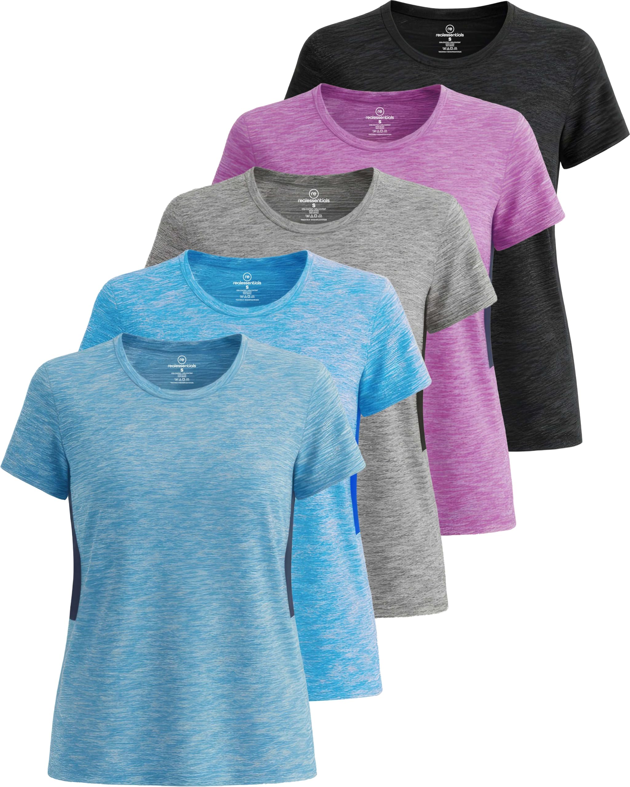 Real Essentials Pack of 5 - Women's Short Sleeve Workout Fitness Pilates Gym Act