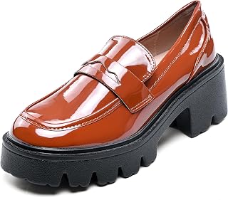 Black Penny Loafers for Women - Women's Slip-On Platform Patent Leather Loafers, Chunky Comfort Shoes for Work & Dressy Occasions