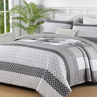 WONGS BEDDING Grey Queen Size Quilt Set, Boho Striped Bedspread | 3 Pieces Ultra Soft Lightweight Patchwork Bedding Set with 2 Pillow Shams for All Seasons,Reversible Polyester (96"x90")