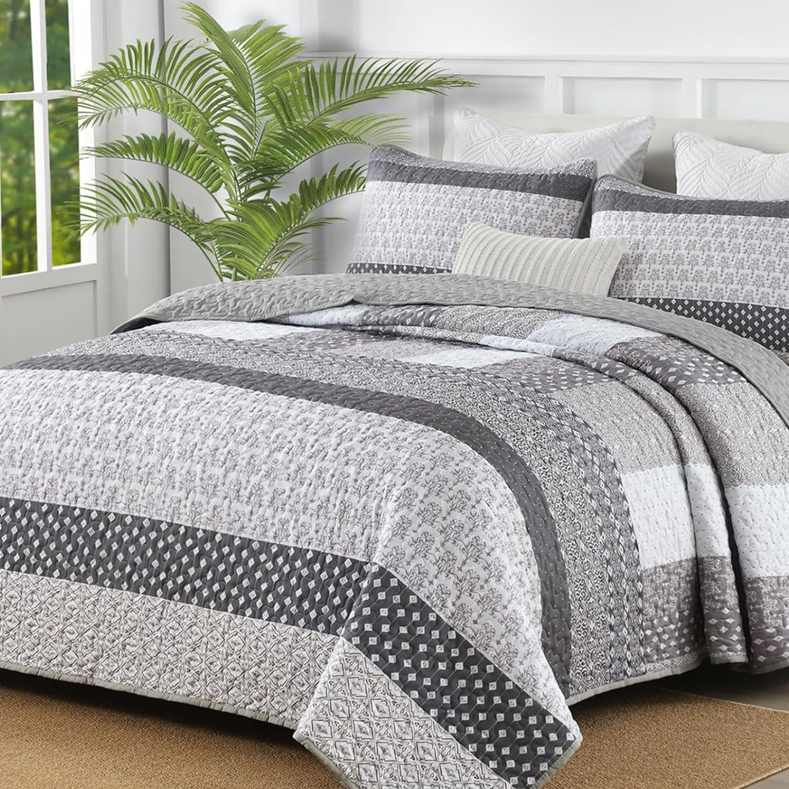 WONGS BEDDING Grey Queen Size Quilt Set, Boho Striped Bedspread | 3 Pieces Ultra