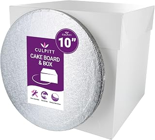 Culpitt 10" (25.5cm) Silver Cake Board & Tall White Box Set | 1.2cm Thick Board, Extra Tall White Box, 25.5 x 25.5 x 25.5cm, For 8" Sponge Cake, Easy To Assemble, Transport & Storage
