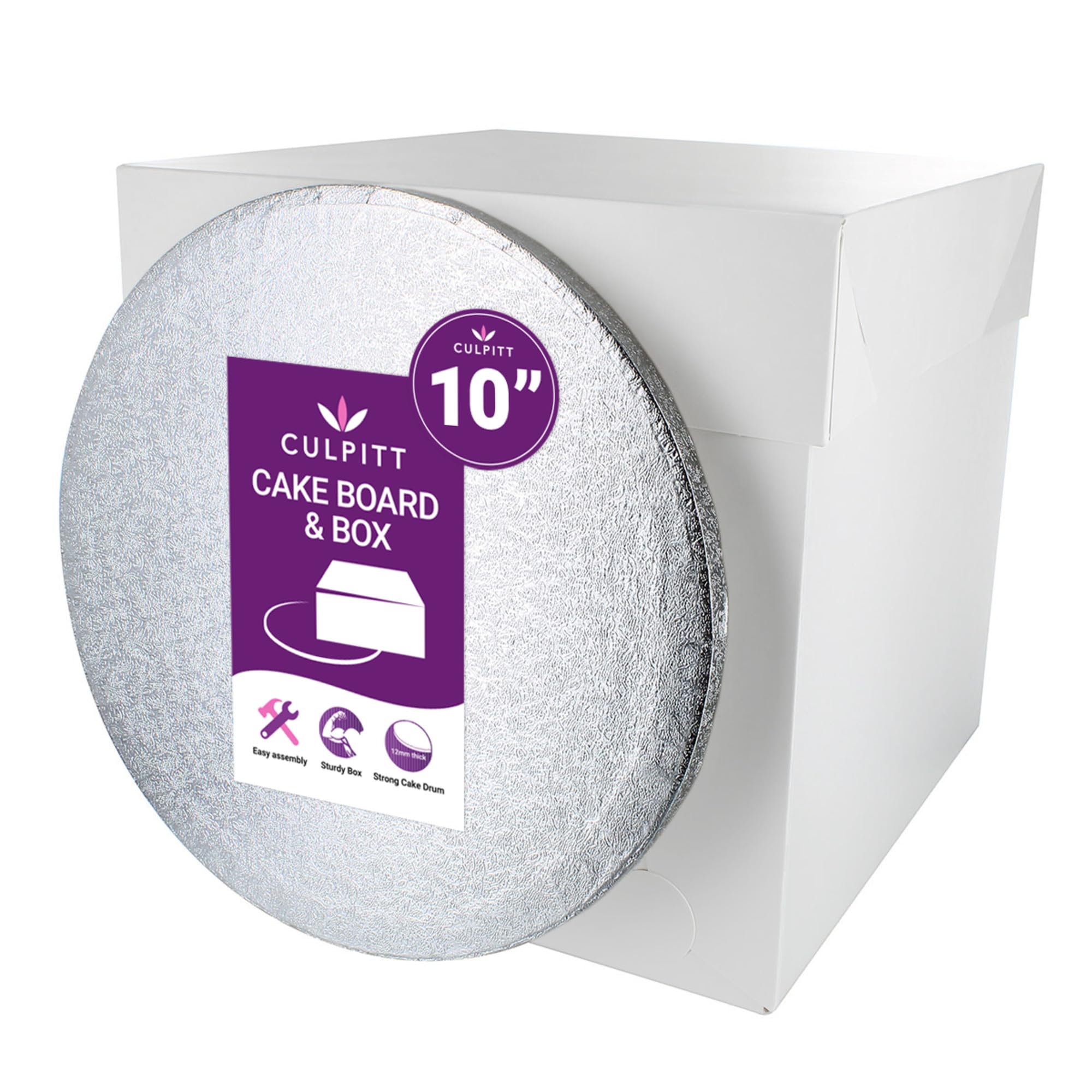 Culpitt 10" (25.5cm) Silver Cake Board & Tall White Box Set | 1.2cm Thick Board,