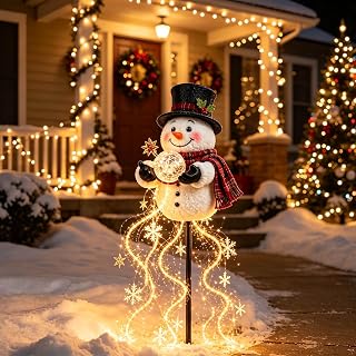 Lighted Snowman Garden Stake Christmas Magic Flowing Snowflake LED Light | Snowman Sparkle Cascade Garden Light with Stake, Snowman Magic Fountain with Cascading Stars for Christmas Yard Porch