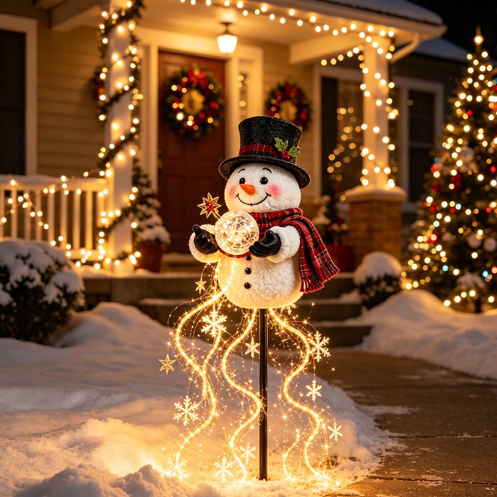Lighted Snowman Garden Stake Christmas Magic Flowing Snowflake LED Light | Snowm