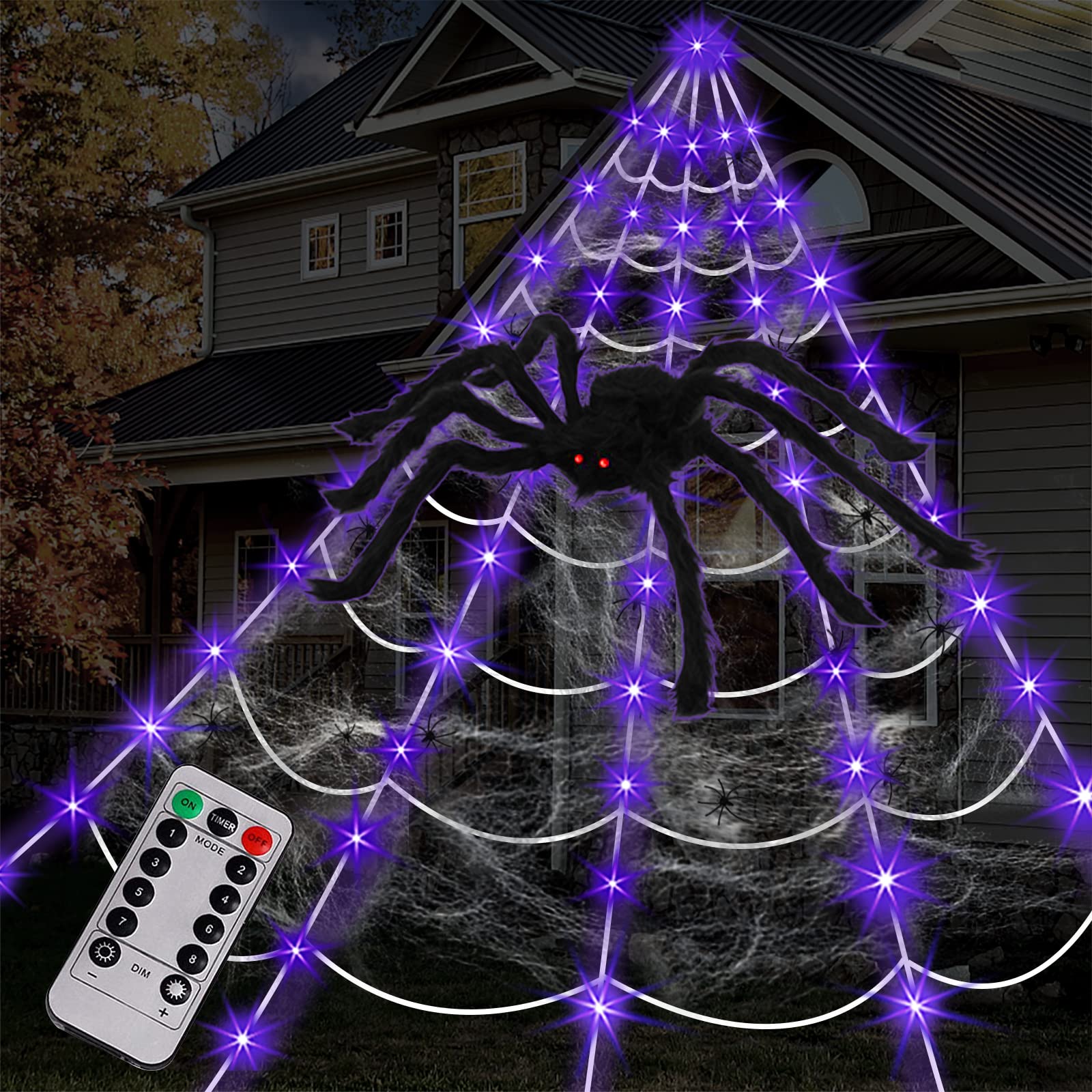 Spider Web Halloween Decorations Outdoor Lights, 125 Purple LED Light Up 16.4Ft 