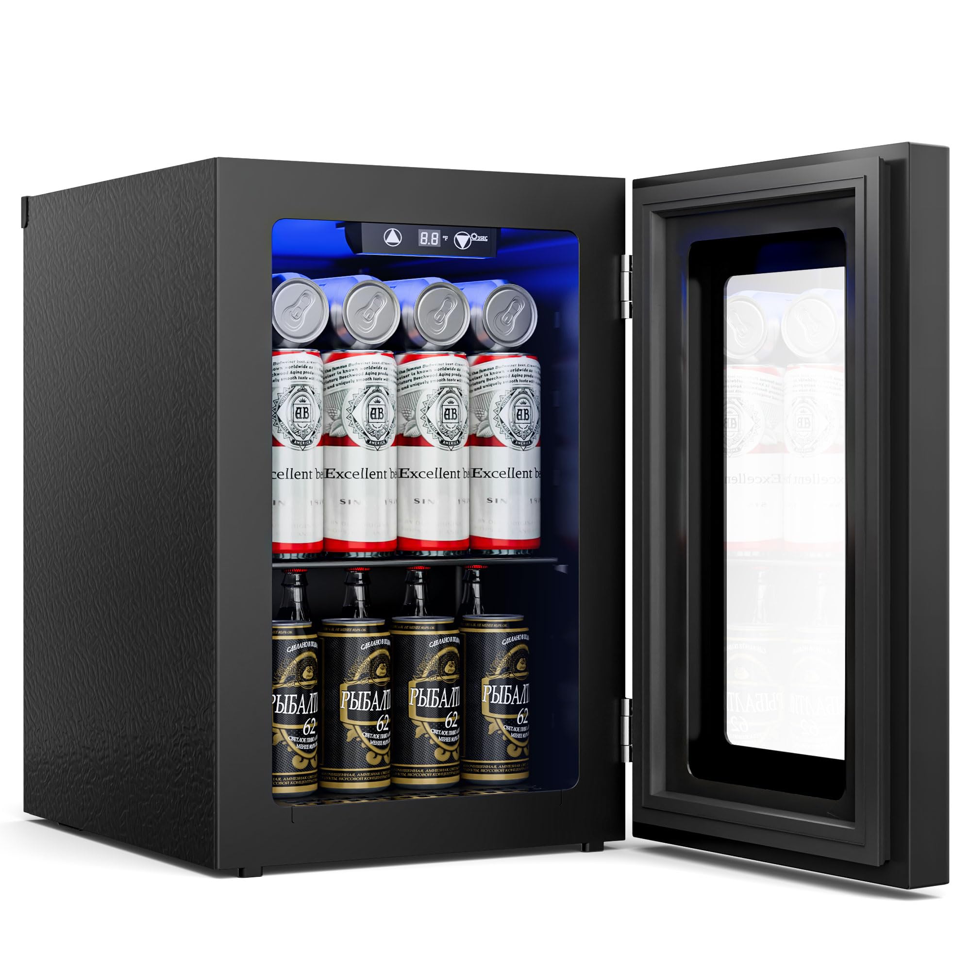 18L Beverage Refrigerator Cooler, 24-Can Mini Fridge with Glass Door | LED Light