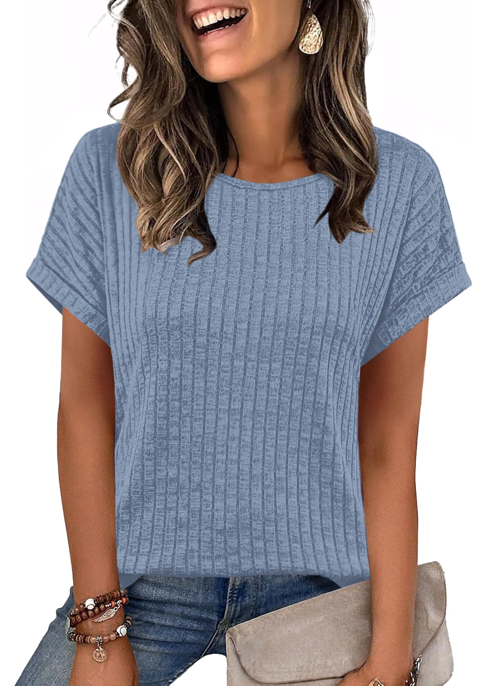 WIHOLL Women Lightweight Textured Shirts Casual Short Sleeve Tunic Tops Loose Fi