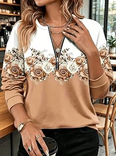 Women's casual long sleeve round neck jumper with half zip, pink print pattern, comfortable and fitting.