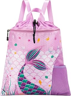 WAWSAM Kids Drawstring Gym Bag with Zippered Pocket and Water Bottle Pocket | Mermaid Swim Bag Waterproof School Gym PE Bags for Girls Swimming Travel Beach Shopping Yoga Backpack