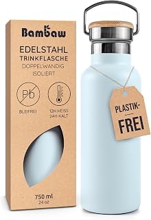 Bambaw Insulated Water Bottle, 750 ml, Metal Bottle, Thermos Flask, 750 ml Stainless Steel, with Wide Opening for Easy Cleaning, with Handle, Rustproof & Ideal for Travel (Ice Blue)