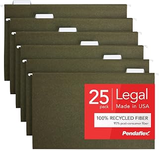 Pendaflex Hanging File Folders, Legal Size, Standard Green, 25 Per Box, 1/5-Cut Tabs, Lighter Interior to Prevent Misfiles, for Office, School, and Home Organization