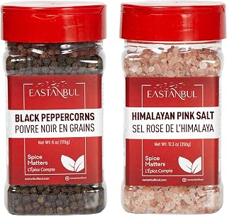 Eastanbul Salt and Pepper for Grinder Refill, Refill Pack, Gift Box, 18.3oz | Pink Himalayan Salt 12.3oz, Peppercorns Whole 6oz, Peppercorns for Grinder Refill, Spice Buddies Series
