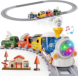 Hot Bee Electric Train Set with Steam, Light and Sound | Magnetic Connection Train Toys, Motorized Movement Choo Choo Train, Birthday Gifts for Boys Girls 3 +