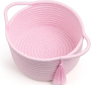 SweetMemo Small Gift Basket Empty to Fill, Cellophane Bag &amp; Ribbon, Pink | Cute Decorative Mini Woven Rope Basket with Handles for Gifting; Reusable for Bathroom Counter or Desk Catchall, 8 x 4.7 in