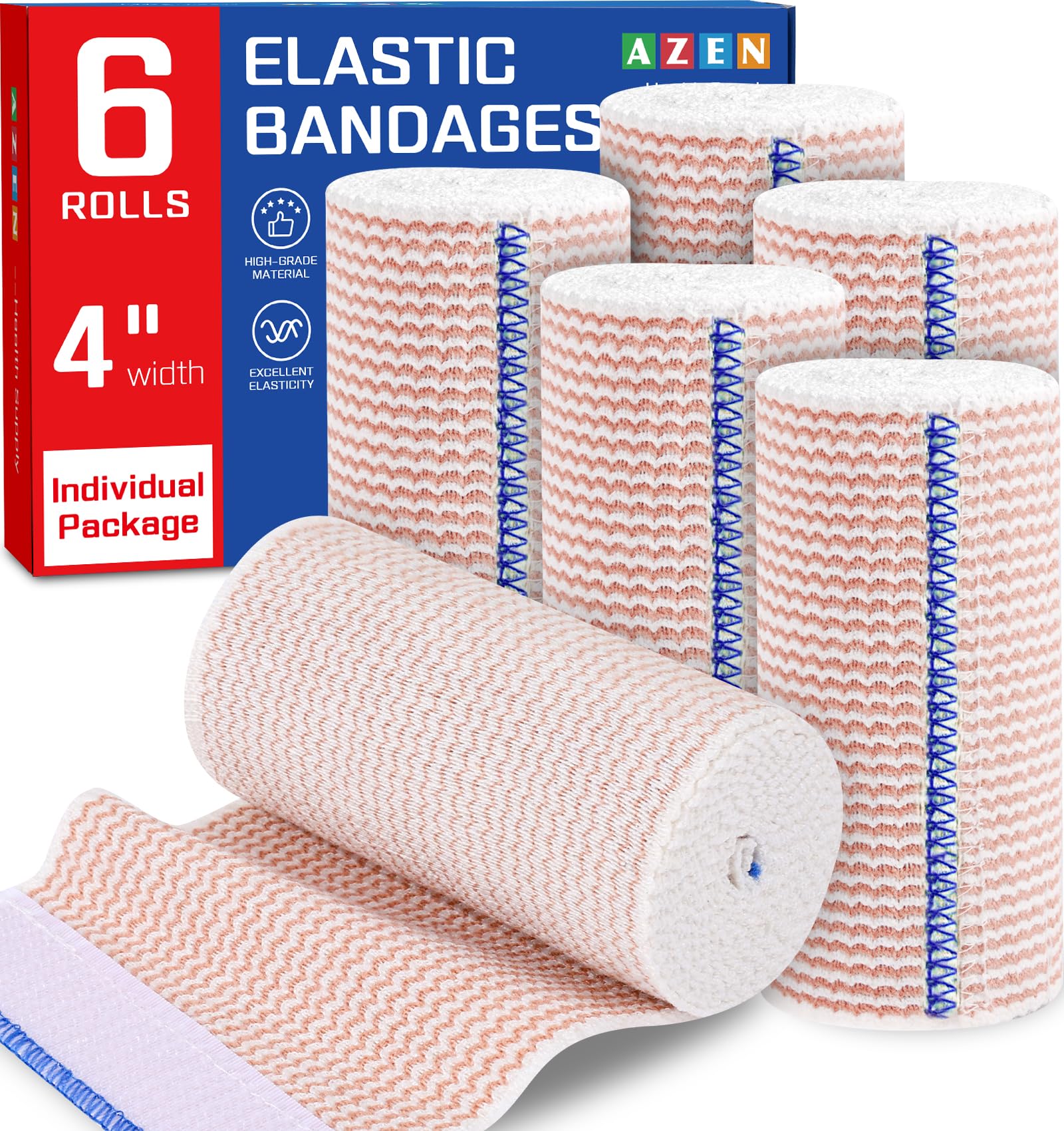 AZEN Premium 6 Pack Elastic Bandage Wrap 4 Inch, Compression Wrap Bandage for Le