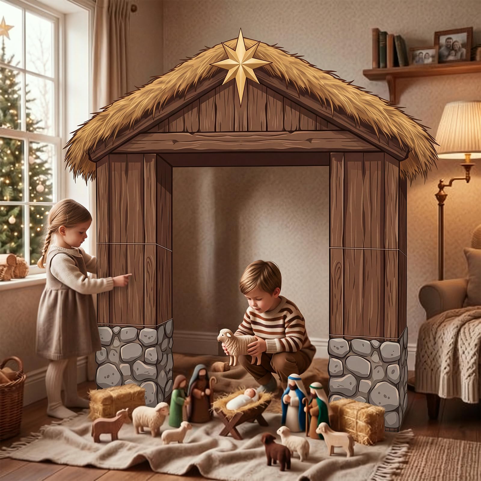 Teyva Daily 7 Pcs Christmas Nativity Stable Cardboard Photo Booth Arch, 51 x 49 