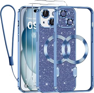 Kokio Mobile Phone Chain for iPhone 15 Plus, Case with Strap, Compatible with MagSafe, Glitter Magnetic Mobile Phone Case for iPhone 15 Plus with 2 Pieces Screen Protectors, Shockproof Silicone