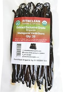 26 Organic Madagascar Vanilla Beans Extract Exclusive Grade B.11.5 - 14cm by FITNCLEAN Vanilla. Bulk Dry Whole Bourbon Non-GMO Pods. Certified Organic