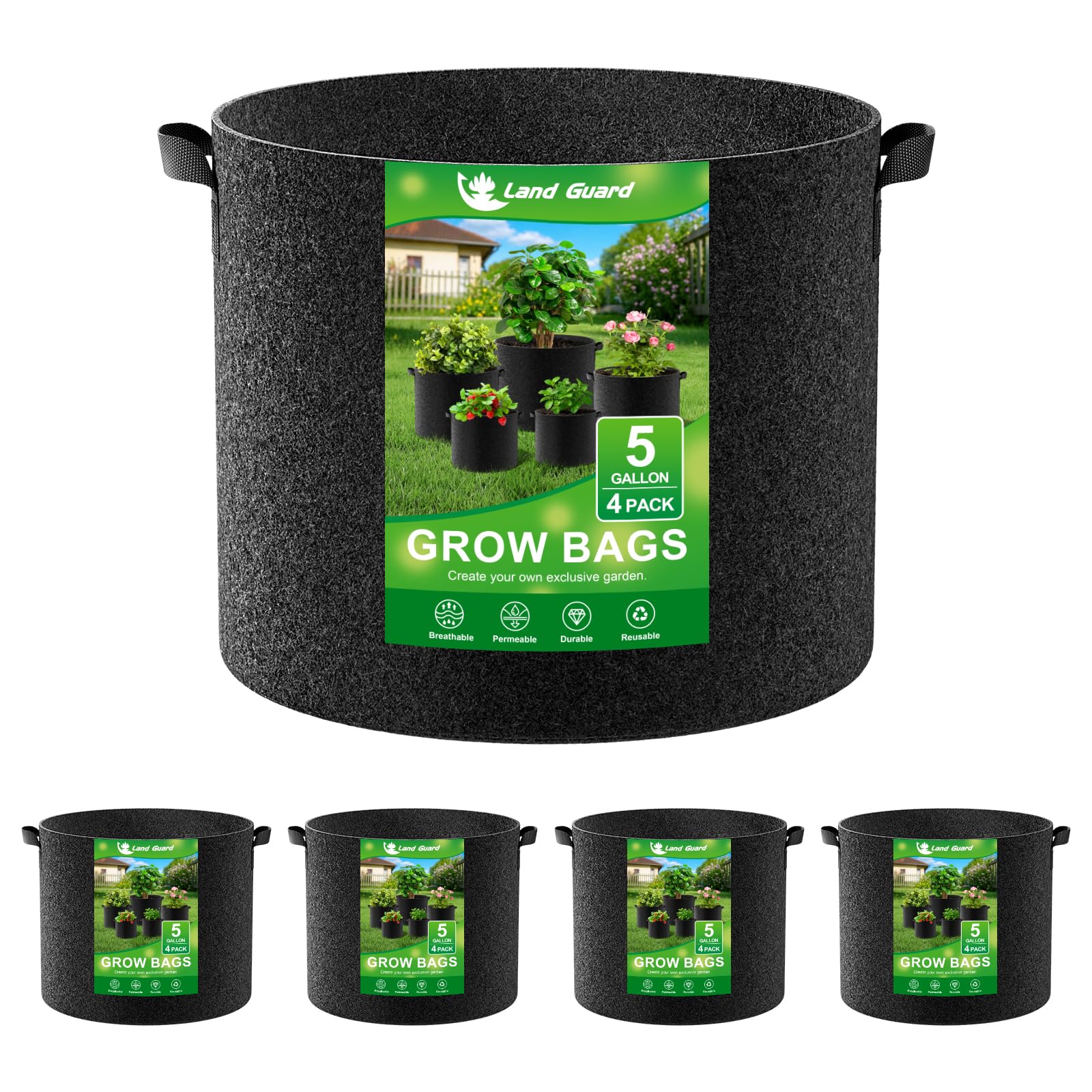 Land Guard 4-Pack Fabric Grow Bags 5 Gallon, Thickened Nonwoven Garden Pots, Gro