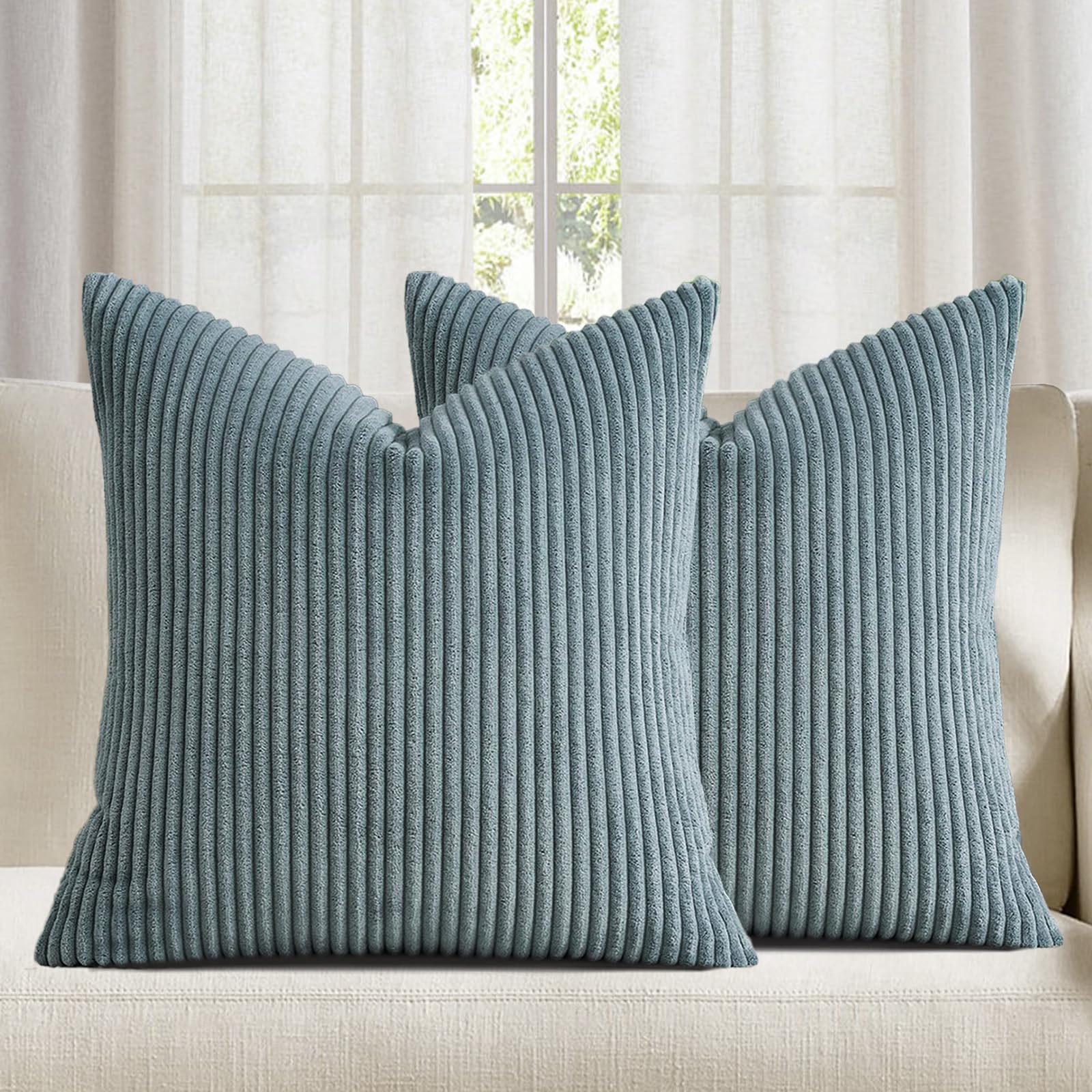 Dusty Blue Corduroy Decorative Throw Pillow Case 18x18 Inch Pack of 1 Square Thr
