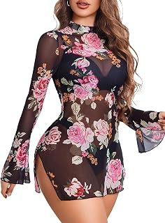 Avidlove Mini vestidos de malla para mujer, mangas acampanadas, cuello alto, vestido de lencería dividido, para vacaciones, fiestas, club