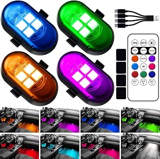 Wireless LED Lights for Car, Rechargeable Interior Car Lights | Remote Control, 8 Colors, 10 Modes, 3 Brightness Levels, USB-C Accent Lights for Car, Truck, Motorcycle &amp; Bike