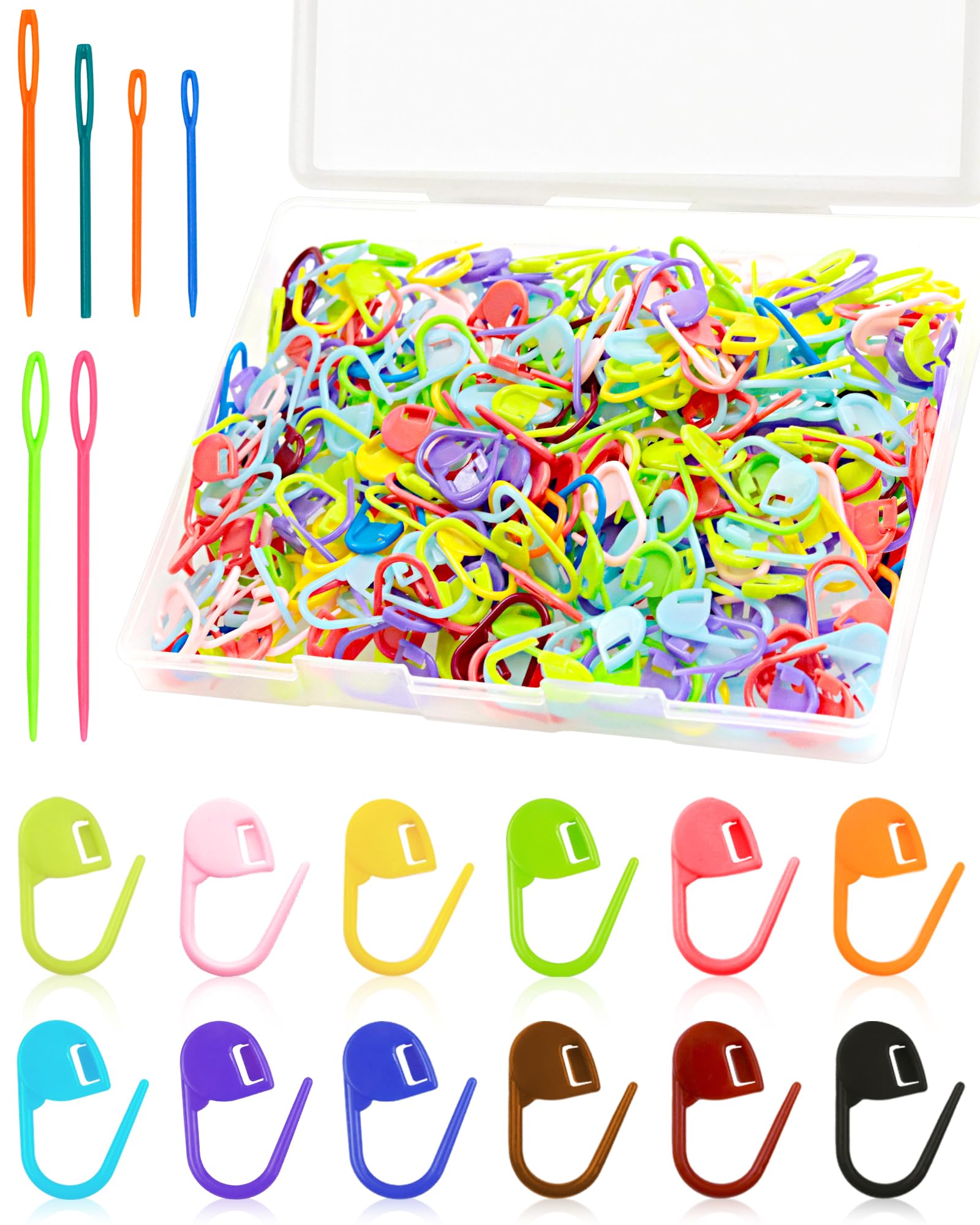 FIVEIZERO 300pcs Stitch Markers for Crocheting & 6pcs Blunt Sewing Needles | Mix