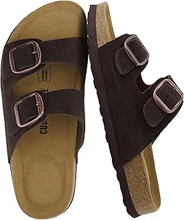 CUSHIONAIRE Logo 100% Genuine Leather Suede Slides for Women, Cushioned Cork Footbed Womens Sandals with Adjustable Buckles and Memory Foam