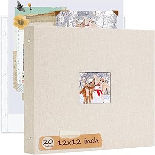 Hiwhy 12x12 Inch Large Scrapbook Photo Album, 3 Ring Binder- Beige | Linen Cover, 20 Sheets Plastic Sleeves 40 Pages, Memory Book for Wedding Birthday Baby Family