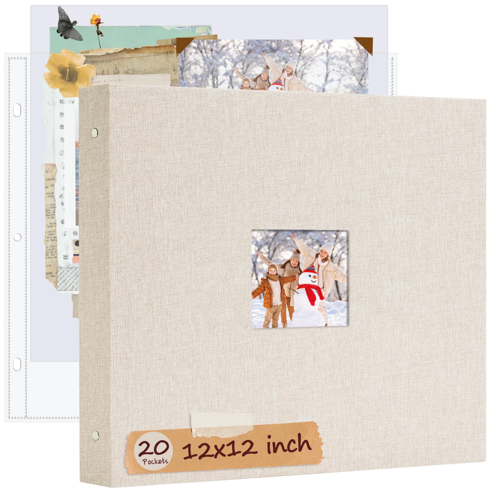 Hiwhy 12x12 Inch Large Scrapbook Photo Album, 3 Ring Binder- Beige | Linen Cover