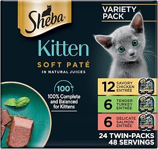 Sheba Perfect Portions Kitten Pate Wet Cat Food, Multipack, 2.6 oz, 24 ct | Chicken, Turkey, & Salmon, DHA for brain development, Vitamin E for immunity, real meat, essential amino acids, 48 servings