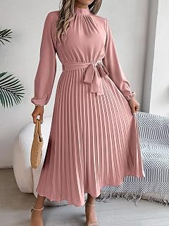 Women Casual Long Sleeve Mock Neck Tie Waist Flared Beach Dress Pleated Hem