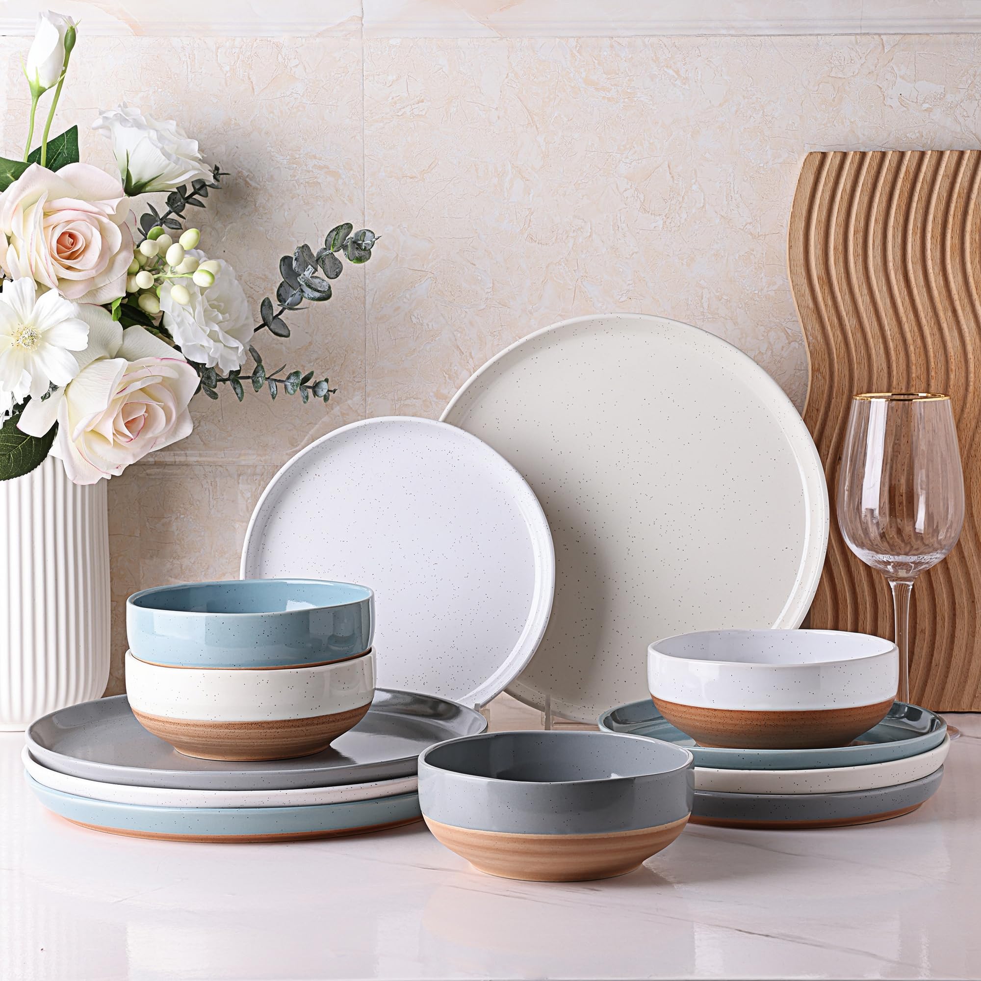 AmorArc Dinnerware Sets for 4, 12 Pieces Ceramic Plates and Bowls Set