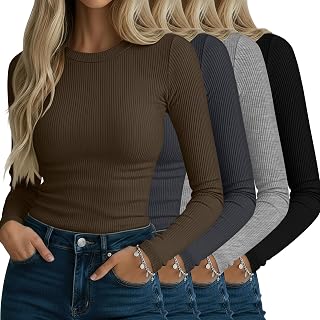 Neer 4 Pack Women's Ribbed Long Sleeve Shirts Cotton Basic Tops
