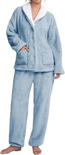 Famulily Pigiama da donna in pile con bottoni e tasche, taglie S-XL