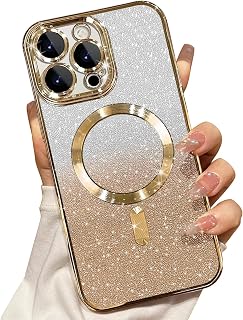 Misscase for iPhone 16 Pro Magnetic Glitter Case Compatible with MagSafe,Camera Lens Protector Full Protection Elegant Anti-Scratch Dust-Proof Net Case Cover for iPhone 16 Pro Gold
